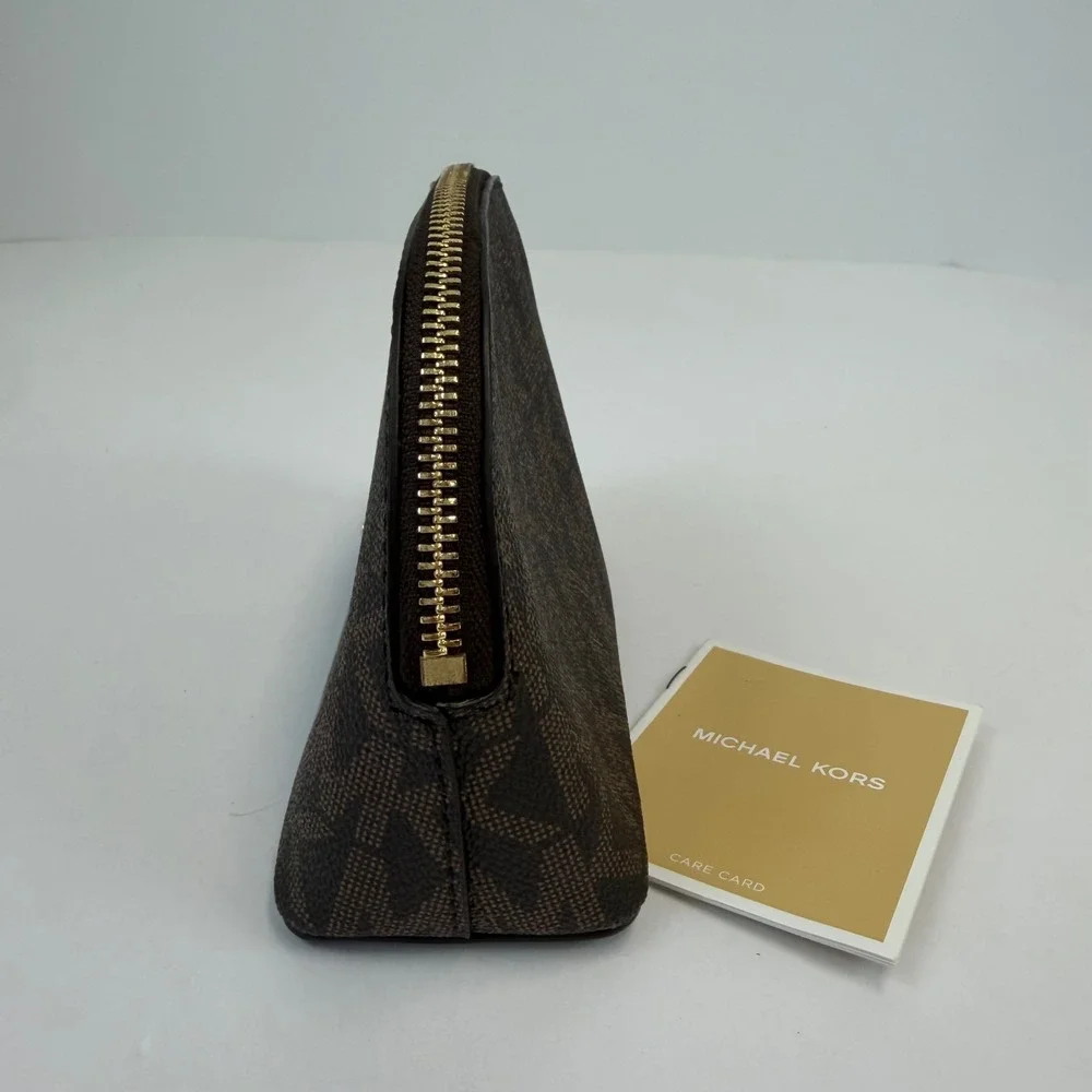 Michael Kors Brown Signature Logo Dragonfly Dome Cosmetic Pouch Bag Gold NEW